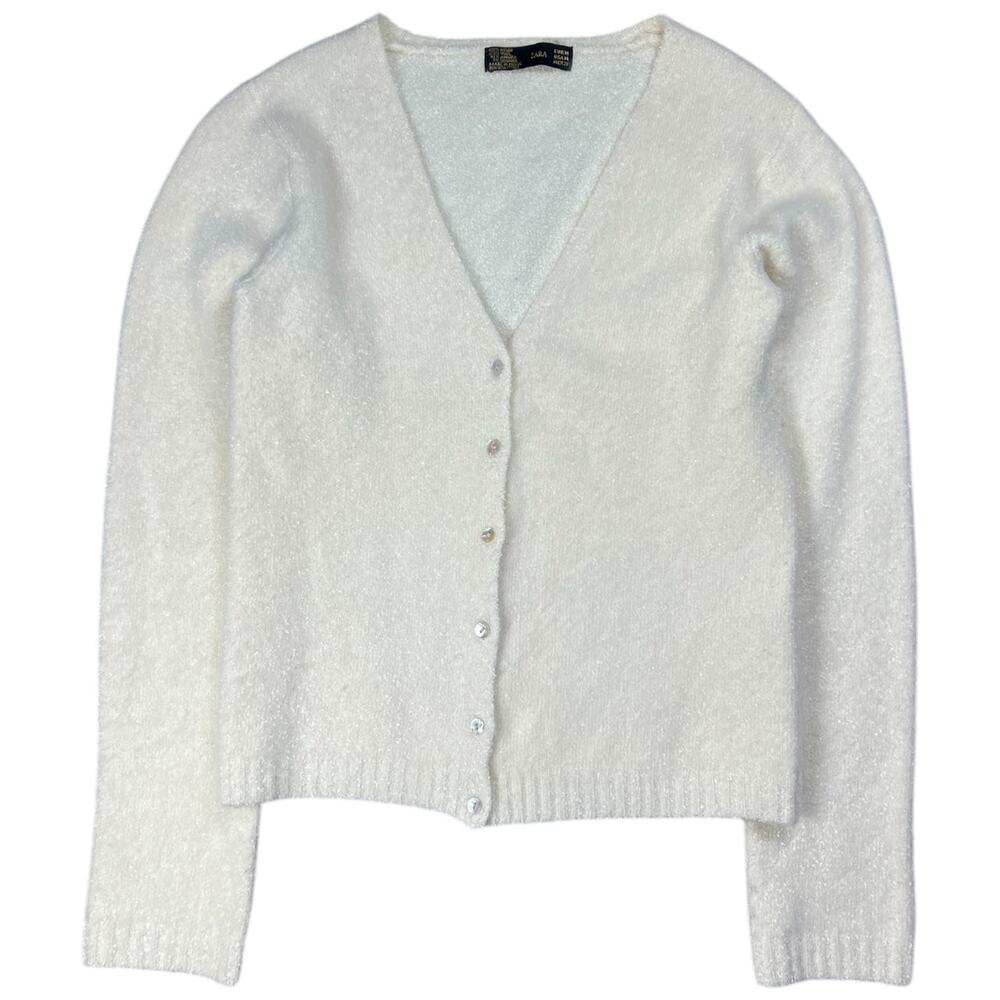 Vintage Zara Cream Longsleeve Cardigan Nylon Wool Angora Medium Mother of Pearl